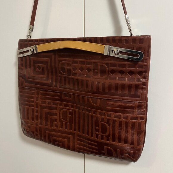Vintage Due Fratelli Monogrammed Brown Genuine Leather Large Bag Purse Clutch - Picture 2 of 16